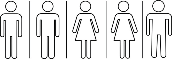 Restroom icons, gender symbols, male female signs, stick figures, toilet signage, vector illustration, black and white, public bathroom, unisex, silhouette