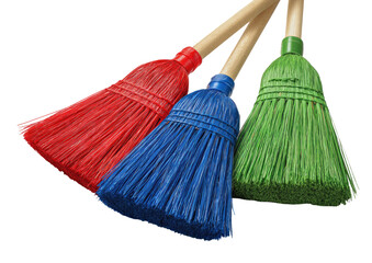 Three colored brooms with wooden handles (1)