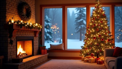 Cozy christmas eve by the fireplace with a snowing window view