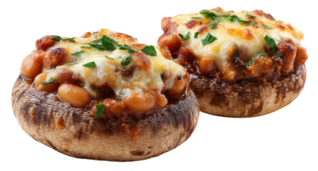 Two stuffed mushrooms, topped with melted cheese and a sprinkle of herbs, filled with a savory bean mixture