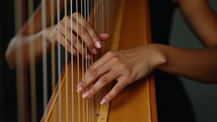 Obraz premium Hands play a harp, fingers on strings.