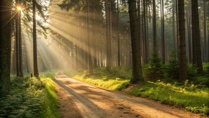 Sunlight streams through dense pine forest illuminating forest floor pathway