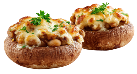 Two stuffed mushrooms topped with melted cheese and garnished with parsley