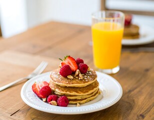 Stacked pancakes with fruit and orange juice