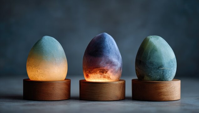 Three glowing, ovular lamps on wooden bases