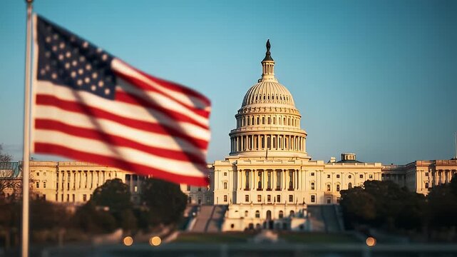 Iconic US Capitol building bathed in golden sunlight with American flag waving proudly in foreground, symbolizing patriotism and democracy.