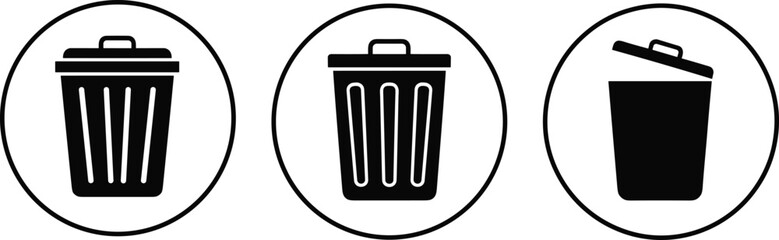 Trash can icons, waste bin symbols, garbage container vector, lid variations, circular design, black and white, minimal style, sanitation, cleanup, disposal