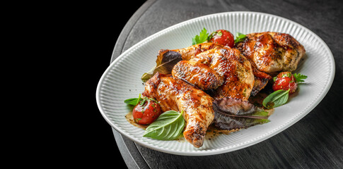 Roasted chicken served with cherry tomatoes, herbs, and leafy greens on a white plate