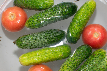 Close up view of cucumbers and tomatoes soaked in water	