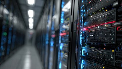 Server room interior with rows of interconnected racks