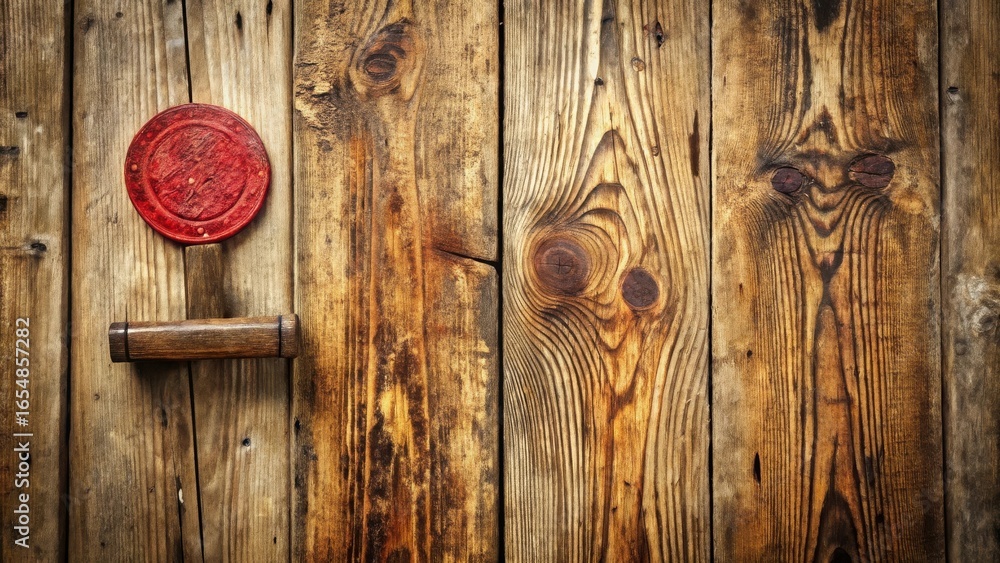 Poster rustic wooden background featuring a circular red element and a simple wooden handle