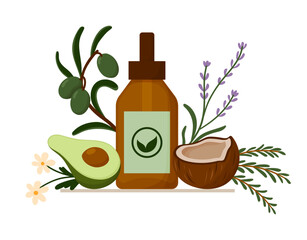 Natural Eco Cosmetics Glass Dropper Bottle with Organic Ingredients Around It. Avocado, Olives, Coconut, Rosemary, Chamomile. Clean Beauty Concept Illustration Isolated on White
