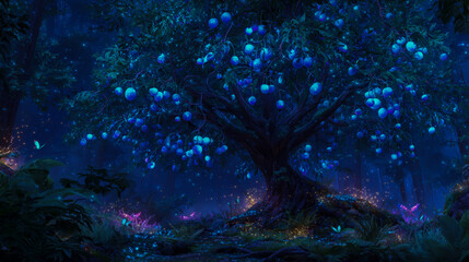 A glowing tree with luminous blue fruit in the heart of an enchanted forest, surrounded by fireflies and mystical creatures, creating a magical atmosphere