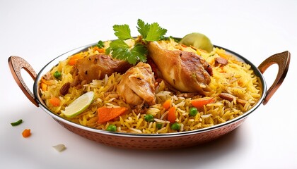 chicken biryani with vegetables on a white background
