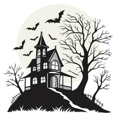 aunted House Halloween Vector with Bats and Spooky Tree T-Shirt Design