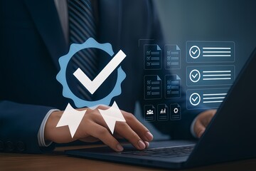 Quality Assurance and Compliance Concept in Digital Business &ndash; Businessman Using Laptop with Verification Icons