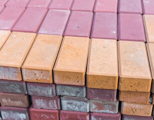 Stacked paving stones in various shades of terracotta and orange