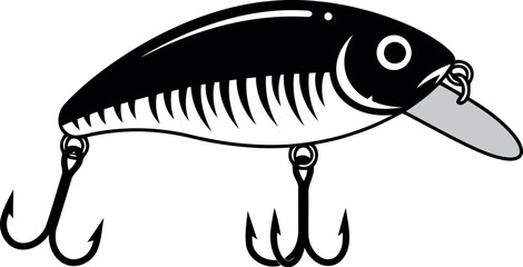 A detailed black and white illustration of a fishing lure with two treble hooks and a realistic fish design for angling