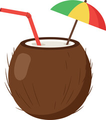 Refreshing tropical coconut drink with a colorful umbrella and red straw perfect for summer vacation and beach themes