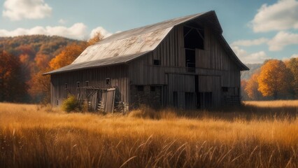 Obraz premium Rustic Barn in Autumnal Field: Weathered Wood, Golden Grass, and Distant Hills