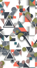 Abstract geometric pattern with overlapping shapes in various colors and sizes.