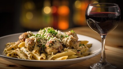 Creamy pasta with meatballs and wine
