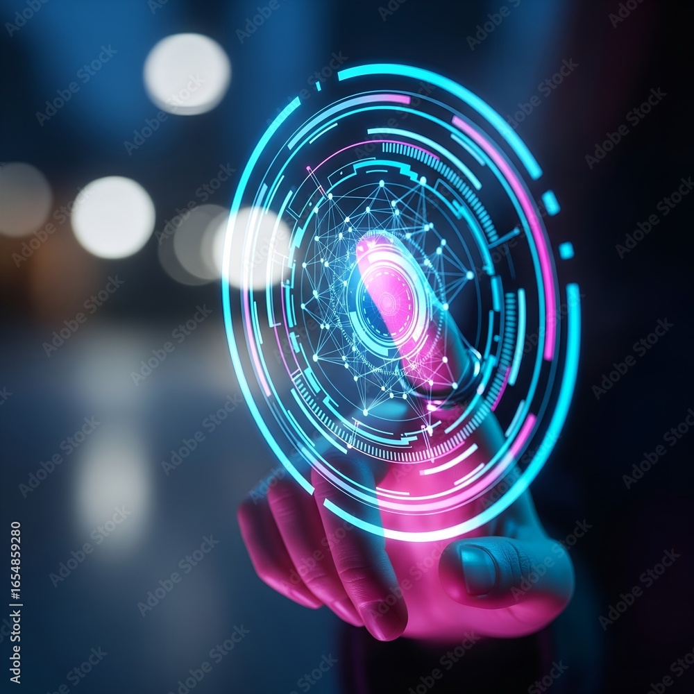 Poster futuristic glowing digital interface projected from a human hand with bokeh background