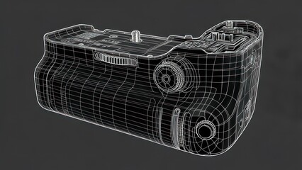 Technical Wireframe Blueprint of a Professional DSLR Camera Battery Grip Accessory
