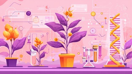 Stylized illustration featuring plants, lab equipment, and a DNA strand against a pink background