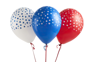 Three patriotic balloons, white, blue, and red, patterned with small stars