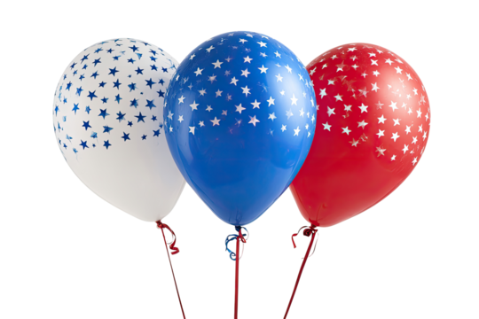Three patriotic balloons, white, blue, and red, patterned with small stars