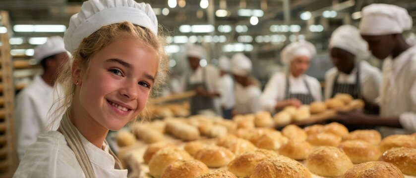 Smiling Baker Girl Portrait in Bakery with Fresh Bread and Diverse Team Close Up View of a Young Apprentice Baking and Learning the Trade