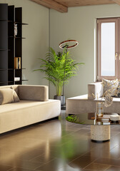 Large luxury modern bright interiors Living room mockup illustration 3D rendering image
