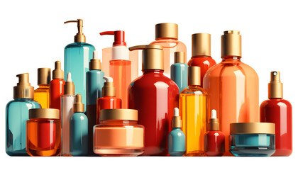 A large combined set of colorful cosmetic, hygiene, perfume bottles and jars of different shapes and sizes on a transparent background for bold projects about beauty and health