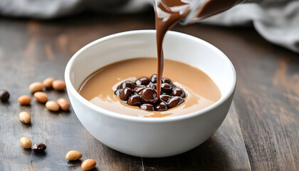 Fototapeta premium Pouring Haricot Beans and Liquid Into White Bowl