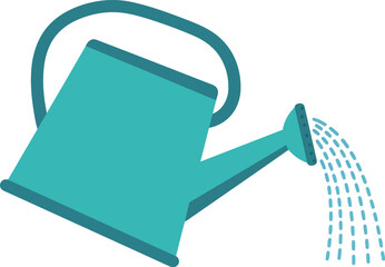 A simple teal watering can pouring a stream of water onto a white background symbolizing gardening and plant care