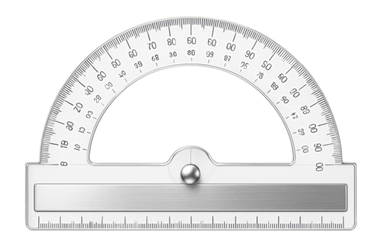 Protractor with a transparent plastic body for measuring angles in drafting.