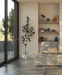 Large luxury modern bright interiors Living room mockup illustration 3D rendering image
