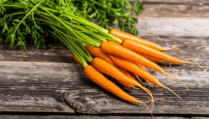 Fresh, vibrant carrots rest on a weathered wooden surface, their bright orange hues contrasting beautifully with the dark wood grain.