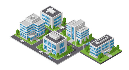Modern corporate buildings in isometric view with urban landscape
