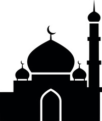 Silhouette of a traditional islamic mosque with a dome and minaret against a stark white background