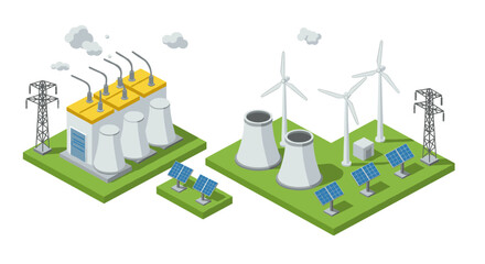 Naklejka premium Isometric renewable and nuclear energy concept with power plants and solar panels