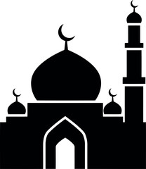 Silhouette of a traditional islamic mosque with a dome and minaret against a stark white background symbolizing faith and architecture