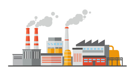 Obraz premium Flat industrial factory with smoke stacks and machinery elements