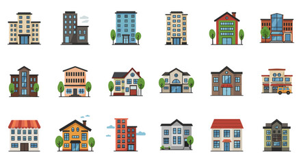 Diverse urban and suburban buildings collection with modern architecture designs