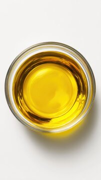 Golden olive oil in clear glass bowl overhead studio shot on white background culinary ingredient healthy cooking