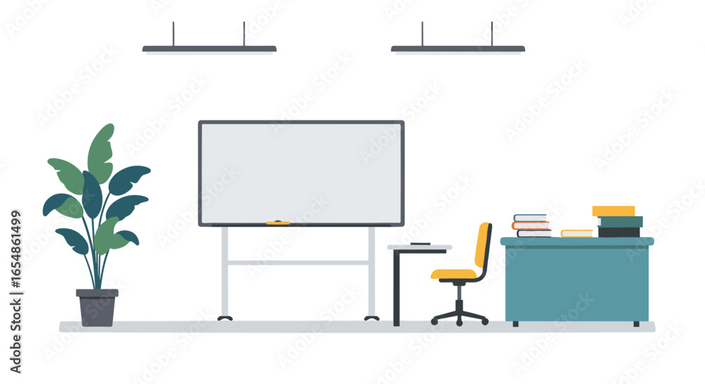 Poster modern classroom with whiteboard and desk setup in minimalist style