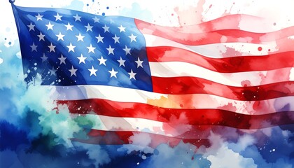 Watercolor American Flag with Dynamic Splashes