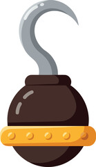 A cartoon illustration of a pirate s hook hand with a dark brown ball and a golden band against a white background