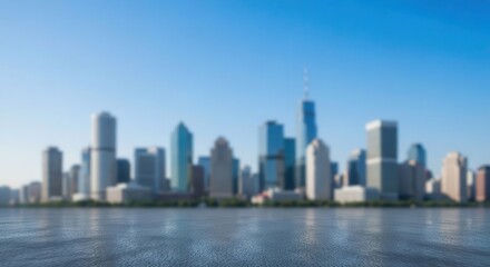 Fototapeta premium Urban Skyline Background with Reflective Ground and Blue Sky